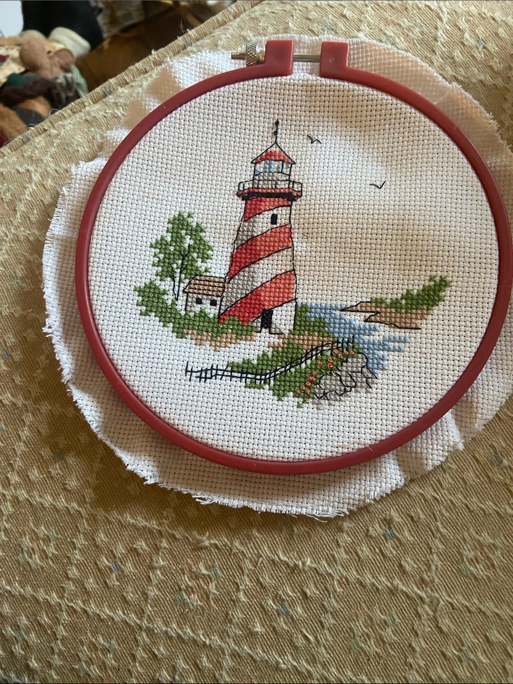 Red Lighthouse Cross Stitch Hoop Wall Decor